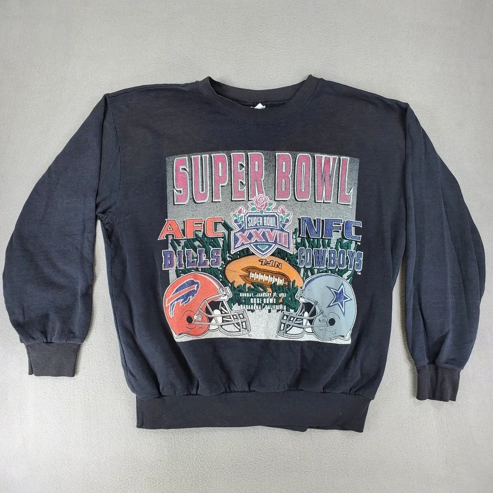 VTG Buffalo Bills Cowboys Super Bowl Crewneck Sz‎ L Distressed Black Lightweight